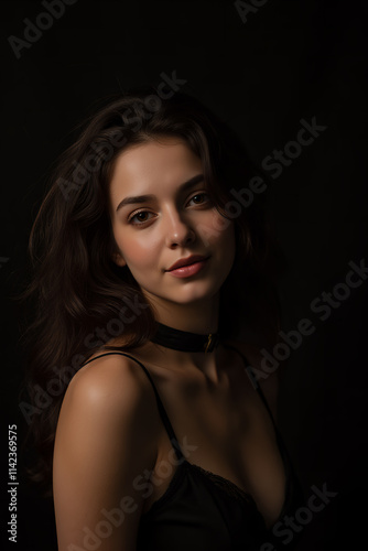 A beautyful woman wearing a black choker and a black top with thin straps. The background is dark