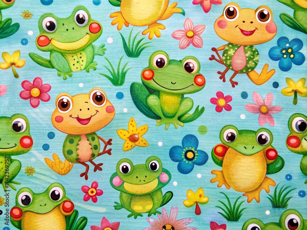 Fototapeta premium Adorable Frog Baby Fabric Pattern, Cute Toad Kids Textile Design, Cartoon Amphibian Print