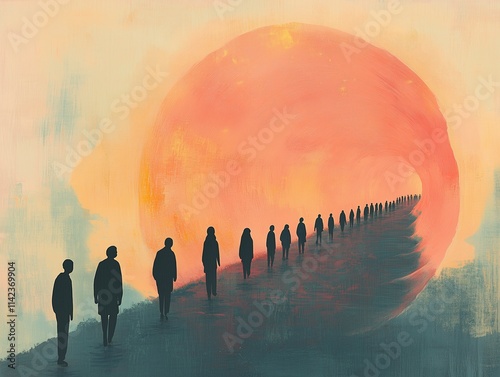 Refugees and immigrants looking for a new hope in life. Silhouette. Column of migrants passing through a tunnel. Abandon their lands for a better future. Generative ai