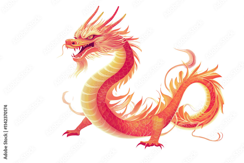 A highly-detailed Chinese dragon with scales that shimmer in red and gold, traditional festive patterns, and an intense, noble expression.