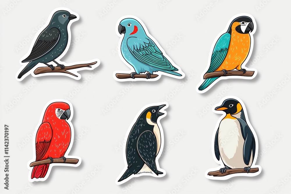 Obraz premium Colorful bird illustrations on branches nature artwork close-up