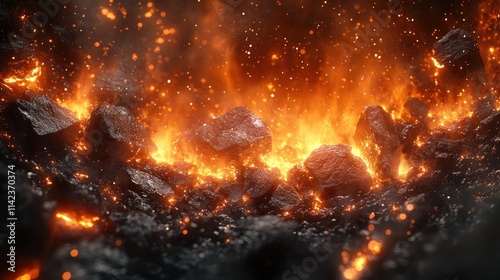 Fiery molten rocks ablaze with sparks.