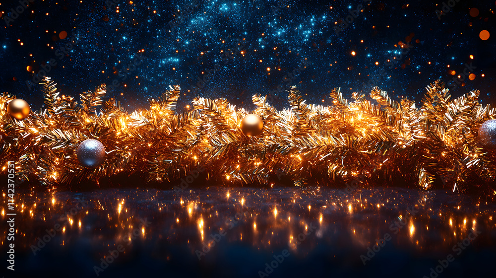 Fototapeta premium A Luxurious Straight Line of Golden Christmas Tinsel Captivating the Holiday Spirit Intertwined with Fairy Lights in the Festive Ambiance