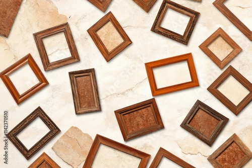 A vintage-style poster featuring a collection of ornate picture frames, with muted sepia tones and bold, decorative typography photo