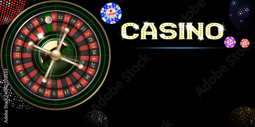 Casino Illustration with roulette wheel and playing chips. Vector gambling design with poker cards and dices for invitation or promo banner.