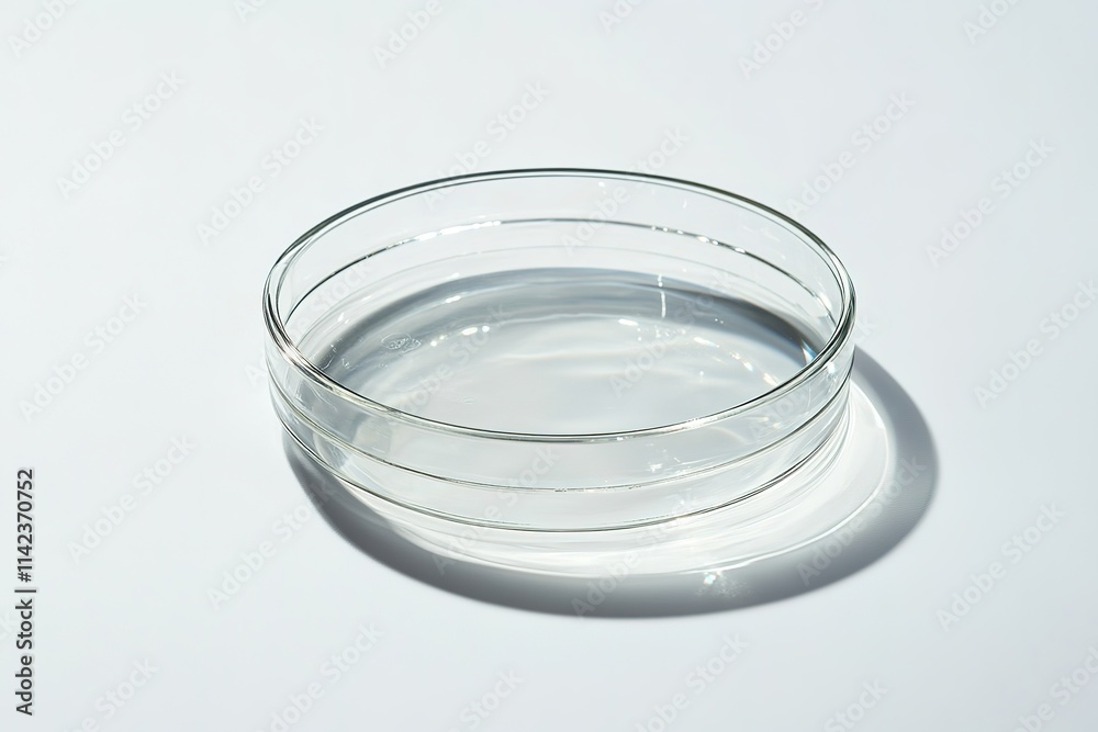 Petri dish with clear liquid on white background, laboratory setting Petri dish with clear liquid on white background, laboratory setting