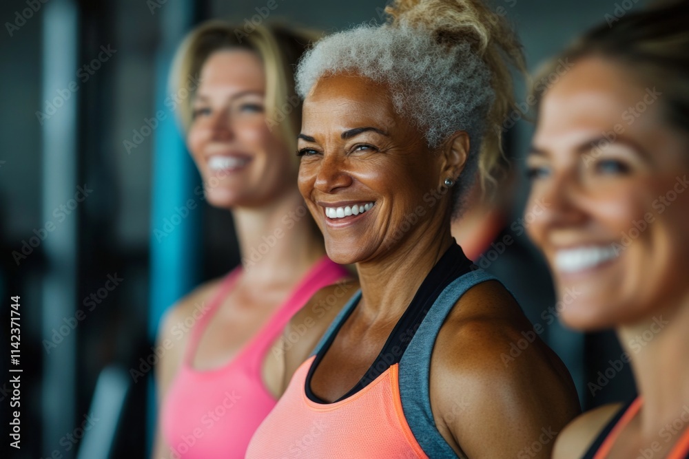 Smiling portrait of a group of senior women in sport clothing in gym Smiling portrait of a group of senior women in sport clothing in gym
