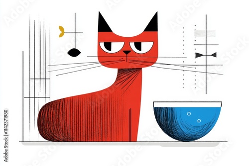 A whimsical 2D drawing of a cat staring intently at a fish bowl, surrounded by cartoonish details and playful lines on white photo