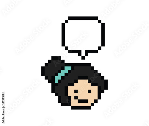 Cartoon pixel cute cartoon character face woman with chat blank decoration 8 bit female girl say speak discuss idea chat box cartoon pixel 8bit game png vector.