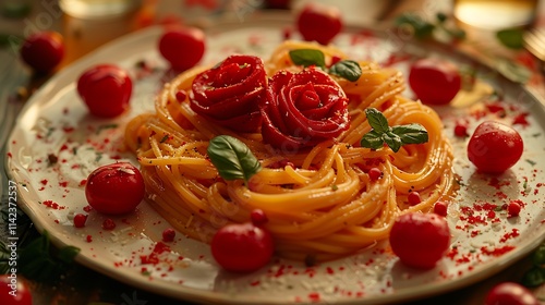 A heart-shaped plate with a romantic meal, including red pasta and heart-shaped vegetables, surrounded by soft lighting.