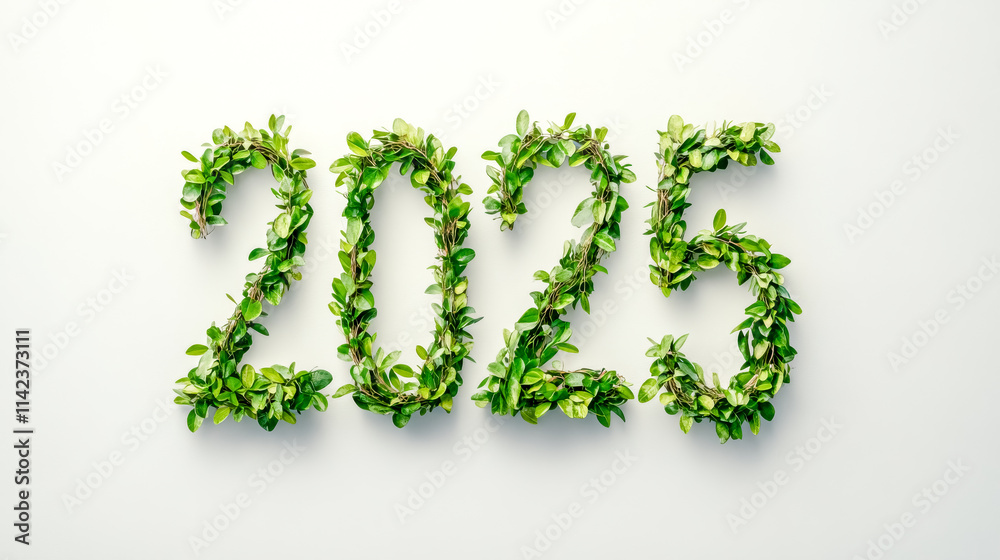 2025 written with green leaves symbolizing eco friendly future on white background 2025 written with green leaves symbolizing eco friendly future on white background