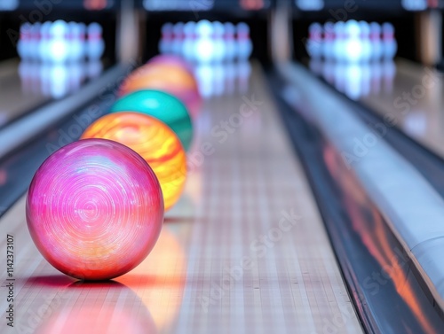 Colorful bowling balls arranged on a polished wooden lane ready for a fun game of bowling under bright lights. photo