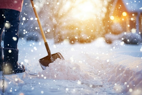 Person Shoveling Snow During A Winter Snowfall photo