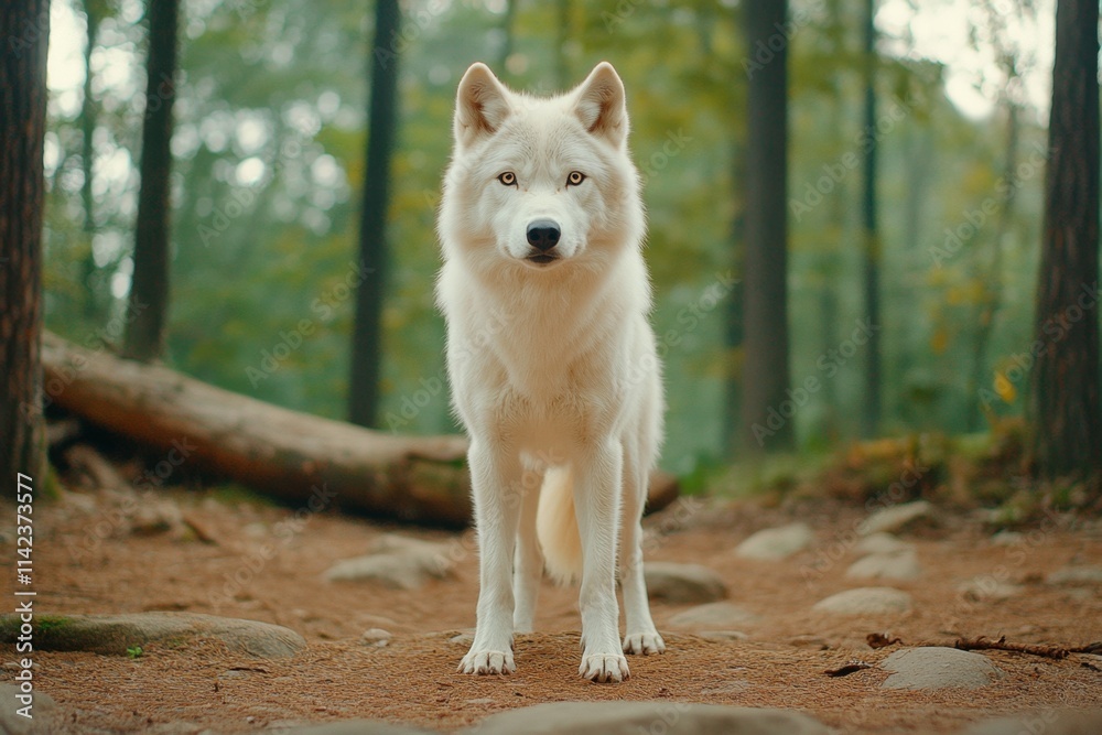Obraz premium A wolf standing in a forest clearing, with its piercing eyes and majestic stance creating a sense of wilderness