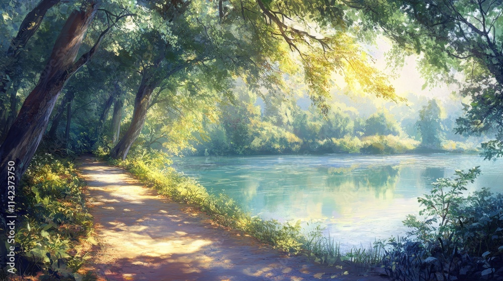 Serene Landscape with Lush Trees and Calm Water Reflection Serene Landscape with Lush Trees and Calm Water Reflection