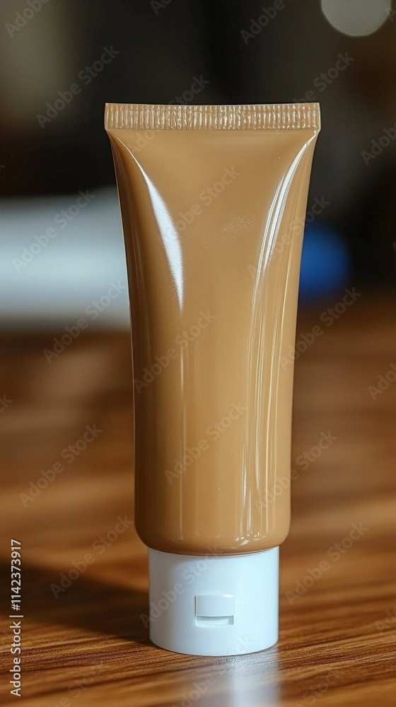 Ideal beauty cream tube in a warm shade on a wooden table with soft lighting Ideal beauty cream tube in a warm shade on a wooden table with soft lighting