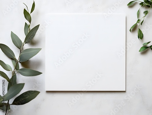 A white blank card framed with eucalyptus leaves with copy space at the center, for notes, invitation or greeting card design. 