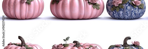 hyper realistic photo of  Halloween Floral Pumpkins - Vintage and Chic Autumn Harvest Decor Pink And Blue Toile Vintage Pattern, Digital Illustration PNG Design For Arts photo