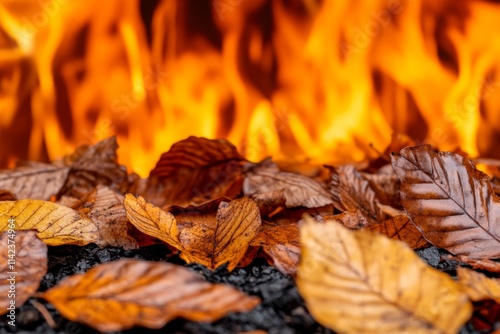 Flames consuming a pile of dried leaves, with intense orange and yellow tones against the dark ground