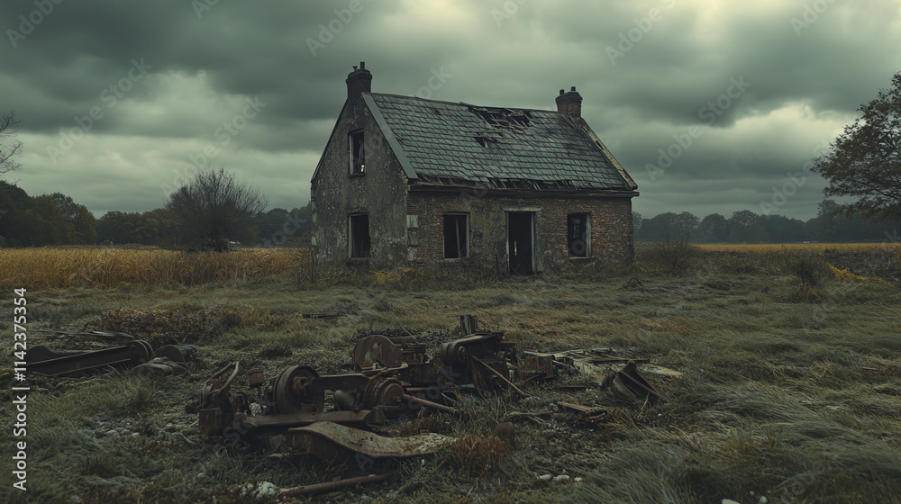 weathered farmhouse surrounded by overgrown fields and derelict machinery evokes haunting weathered farmhouse surrounded by overgrown fields and derelict machinery evokes haunting