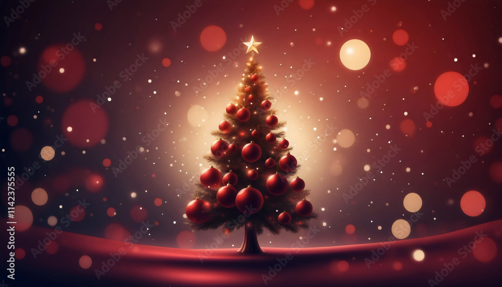 A festive Christmas tree adorned with glossy red balls ornament, star topper, set against a snowy background with sparkling bokeh lights and a silky ground, minimalist style, wallpaper, card A festive Christmas tree adorned with glossy red balls ornament, star topper, set against a snowy background with sparkling bokeh lights and a silky ground, minimalist style, wallpaper, card
