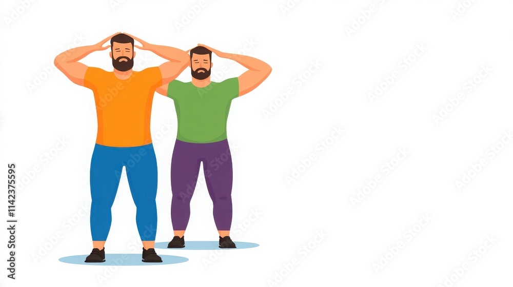 Two men in activewear performing exercise routines, promoting fitness and healthy lifestyle choices in a vibrant and energetic setting. Two men in activewear performing exercise routines, promoting fitness and healthy lifestyle choices in a vibrant and energetic setting.