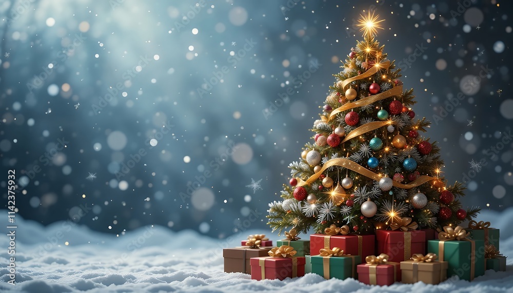 Fototapeta premium Festive Christmas Tree with Gifts in Snowy Landscape