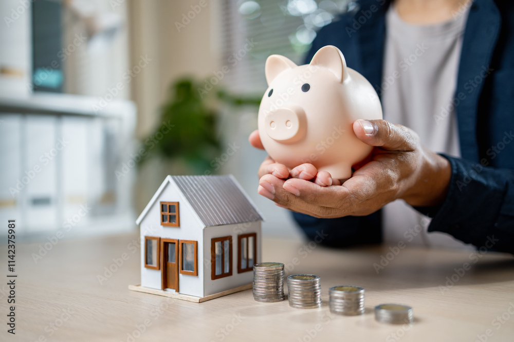 © Sumala - Person holding piggy bank near house model and coins, symbolizing savings © Sumala - Person holding piggy bank near house model and coins, symbolizing savings
