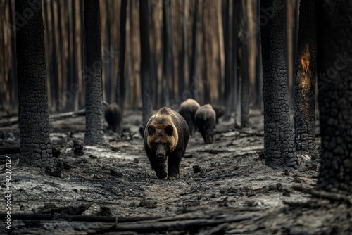 Wild animals wandering through a burned forest, charred tree trunks and ash-covered ground, no person, dramatic natural lighting photo