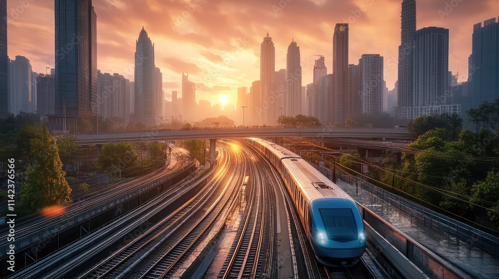Fototapeta premium A futuristic high-speed train on elevated tracks, cutting through a modern urban skyline at sunrise