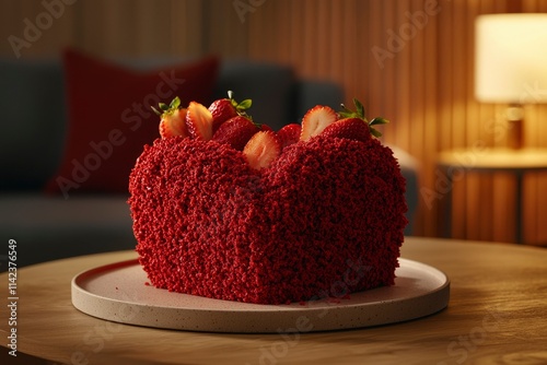 Red Velvet Heart Shaped Cake Topped With Strawberries photo