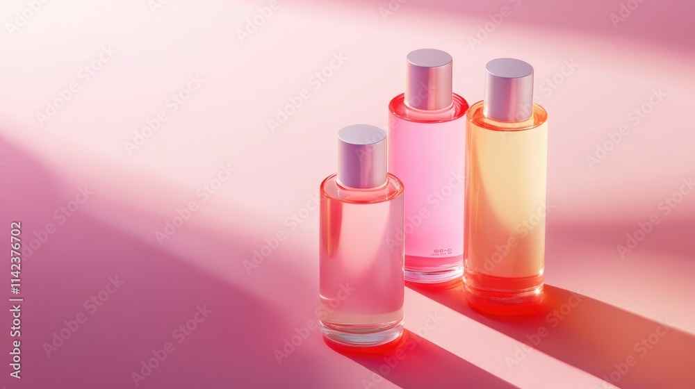 Colorful Cosmetic Serum Bottles on Pink Background Colorful Cosmetic Serum Bottles on Pink Background