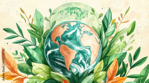 Recycle sustainability watercolor. A vibrant illustration of the Earth surrounded by lush green leaves and colorful foliage. photo