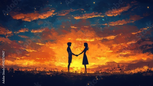 Romantic Silhouette of Couple Holding Hands at Sunset with Colors photo