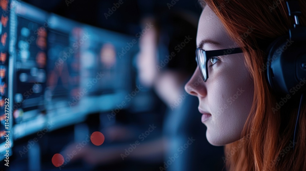 Female Programmer Analyzing Data on Computer Screen in Dark Room Female Programmer Analyzing Data on Computer Screen in Dark Room