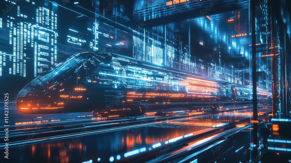 Obraz premium A futuristic high-speed train surrounded by holographic data projections, symbolizing advanced engineering and AI integration