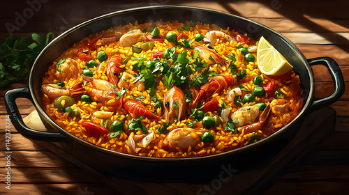 A Delicious and Colorful Presentation of Paella with Fresh Seafood and Chicken in a Traditional Setting