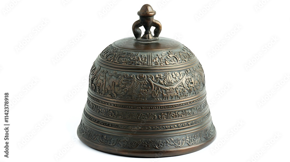  Temple Bell with Intricate Carvings Isolated on White Background