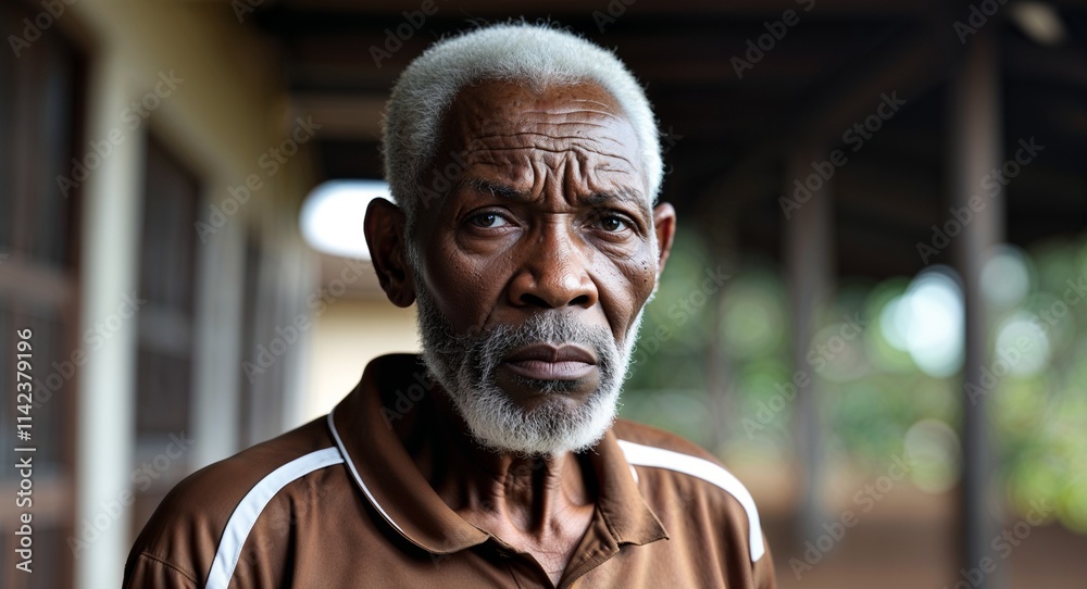 African elderly man serious wearing brown tank top looking on camera