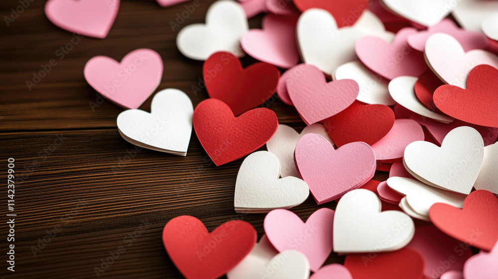 Vibrant red, pink, and white paper hearts scattered on a table in various sizes, creating a romantic and colorful background perfect for Valentine's Day or other love-themed projects. Vibrant red, pink, and white paper hearts scattered on a table in various sizes, creating a romantic and colorful background perfect for Valentine's Day or other love-themed projects.