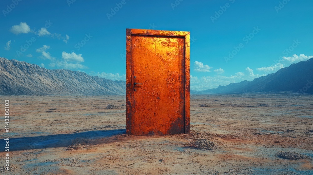 An orange door stands alone in a vast landscape. An orange door stands alone in a vast landscape.
