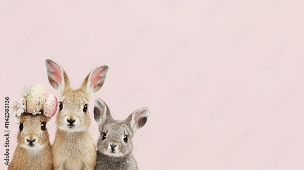 Naklejka premium Three adorable rabbits with flowers on a soft pink background
