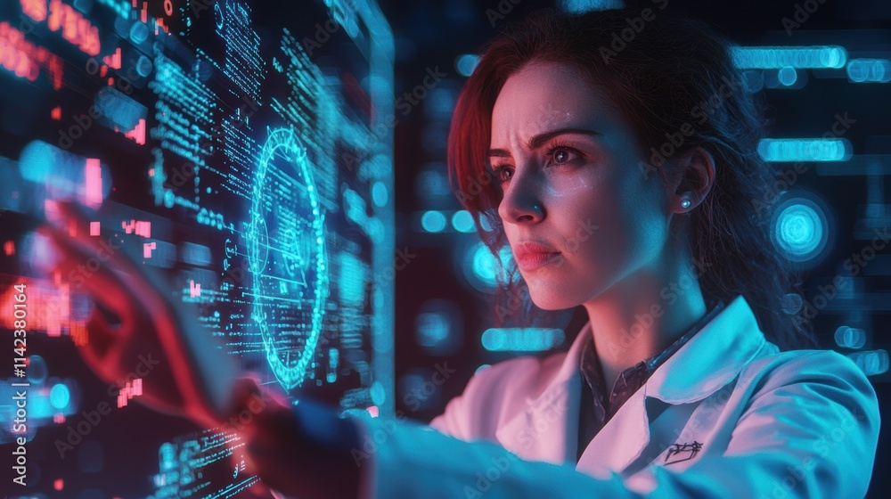 Female Scientist Examining Futuristic Data Display in Laboratory Setting Female Scientist Examining Futuristic Data Display in Laboratory Setting