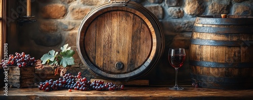An aged oak wine barrel in a dark, atmospheric room, with grapes and a wine glass nearby, capturing the essence of fine wine and rustic elegance