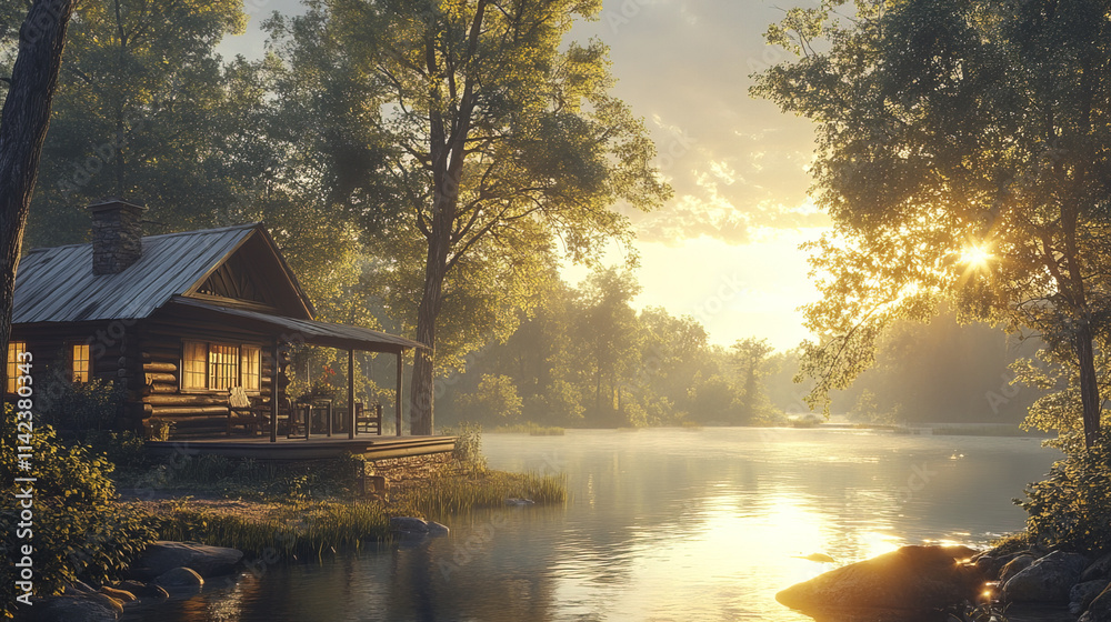 Fototapeta premium serene cabin with porch overlooking tranquil river at sunrise