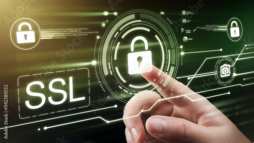 businessman pressing virtual button SSL, secure socket layer. cloud computing concept, cloud technology, Saas, Paas, Iaas. AWS Services
 photo