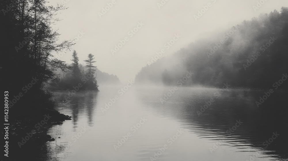 Fototapeta premium Serene mist shrouds a tranquil river, where trees stand sentinel in grayscale. A peaceful, dreamy landscape.