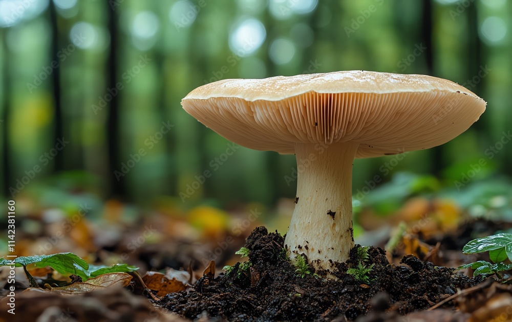 Fototapeta premium A beautiful closeup of a common bonnet mushroom, its features in focus against a soft, bokehfilled forest backdrop, creating a tranquil, natural aesthetic