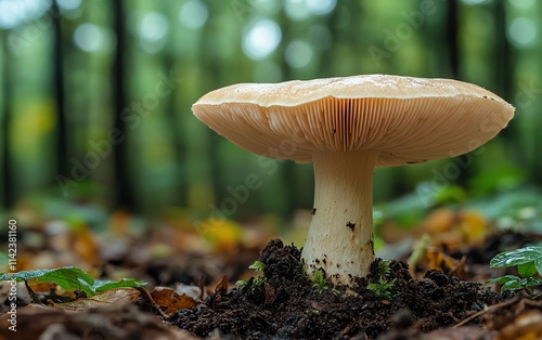 A beautiful closeup of a common bonnet mushroom, its features in focus against a soft, bokehfilled forest backdrop, creating a tranquil, natural aesthetic photo