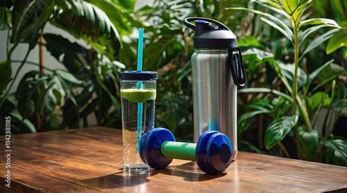 Sports water bottle and dumbbells on a wooden table surrounded by lush greenery promoting a healthy lifestyle and fitness routine in a tranquil setting